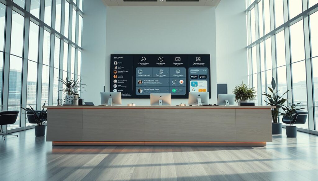 A modern, minimalist-style office interior with a dedicated customer service counter. The counter is situated in the middle ground, with sleek, metallic lines and a clean, pale wood surface. Behind the counter, a large display screen showcases various communication channels and support options. The background features tall, floor-to-ceiling windows that flood the space with natural light, creating a bright and airy atmosphere. The overall mood is professional, efficient, and customer-centric, with subtle branding elements that reinforce the company's identity. The camera angle is slightly elevated, capturing the scene from an oblique perspective to emphasize the layout and design of the service area.