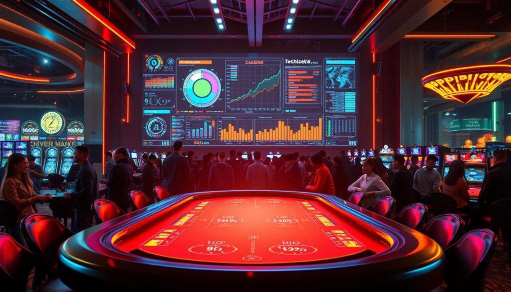 A modern, neon-lit casino interior with a prominent gaming table in the foreground, surrounded by a vibrant crowd of players. In the background, a large digital display screen showcases intricate data visualizations and analytics, representing the technical SEO optimization strategies at work within this digital entertainment landscape. Soft, directional lighting casts dramatic shadows, creating a sense of energy and excitement. The scene conveys the seamless integration of cutting-edge technology and the thrilling atmosphere of a high-stakes casino, highlighting the crucial role of technical SEO in the success of this digital entertainment sector.
