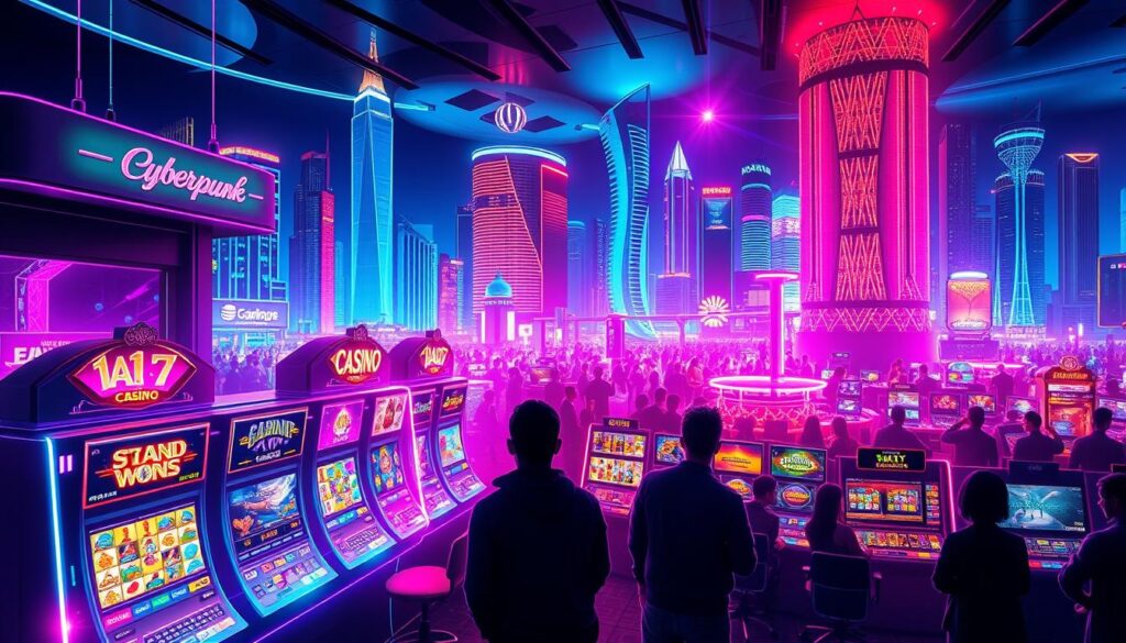 A modern, neon-lit online casino, with vibrant colors and a sleek, futuristic aesthetic. In the foreground, a holographic interface displays a variety of casino games, including slot machines, table games, and live dealer options. The middle ground features silhouettes of players immersed in the digital entertainment, their faces lit by the glow of screens. In the background, a dynamic cityscape with towering skyscrapers and a vibrant nightlife scene sets the stage for this thriving, 24/7 hub of online gaming and entertainment.