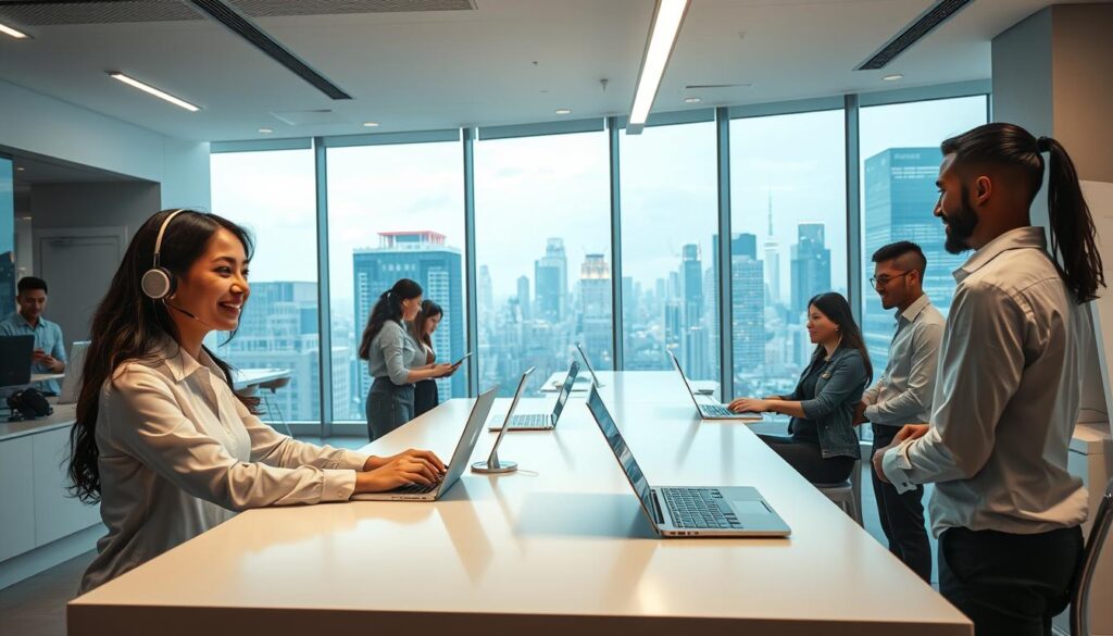 A modern office interior with a bright, airy atmosphere. In the foreground, a customer service representative wearing a crisp white shirt and warm smile is attentively assisting a client on a sleek, minimalist desk. The middle ground features a team of professionals collaborating on laptops, their expressions conveying efficiency and responsiveness. In the background, floor-to-ceiling windows offer a panoramic view of a bustling city skyline, symbolizing the fast-paced, technology-driven nature of the business. Soft, diffused lighting casts a gentle glow, creating an inviting and professional ambiance. The overall scene exudes a sense of streamlined productivity and exceptional customer care.