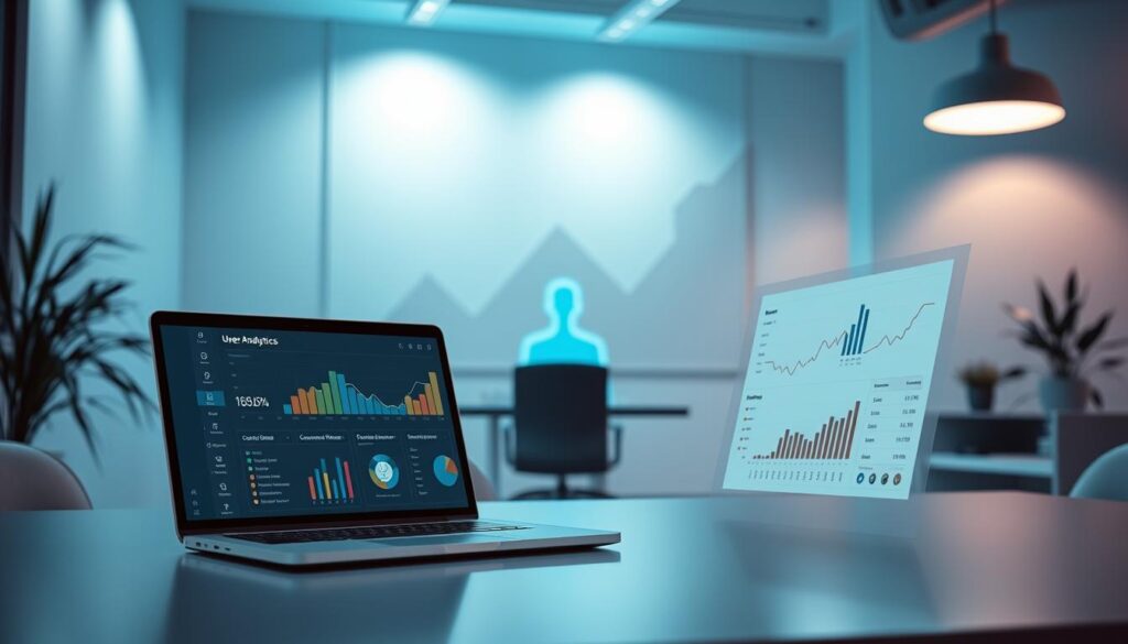 A modern office interior with clean, minimalist design. In the foreground, a laptop computer displays a web analytics dashboard, highlighting user experience metrics and conversion rate data. In the middle ground, a stylized user persona icon represents the target audience, emphasizing their importance in the optimization process. The background features a large, abstract data visualization, conveying the interconnected nature of UX and conversion rate. Soft, directional lighting illuminates the scene, creating a calm, contemplative atmosphere. The overall composition suggests the strategic significance of user experience in driving website performance and business success.