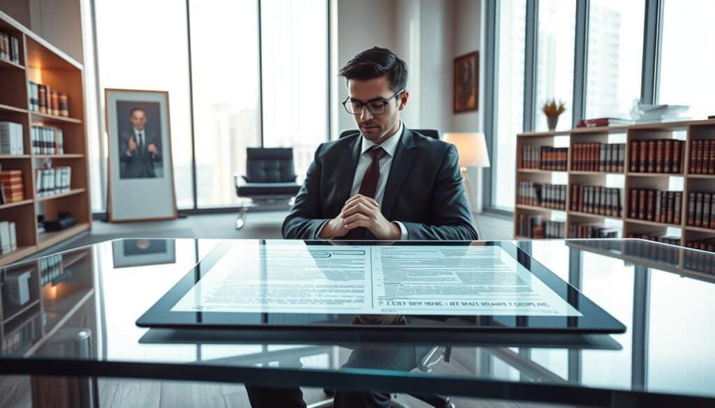 A modern office interior with floor-to-ceiling windows, illuminated by soft natural light. On a sleek glass-top desk, a tablet displays intricate legal documents and regulatory guidelines. The walls are adorned with minimalist art pieces and bookshelves filled with legal tomes. Sitting in an ergonomic chair, a professional in a tailored suit contemplates the intricacies of compliance, their expression one of focused diligence. The atmosphere conveys a sense of order, discipline, and the importance of adhering to industry standards and best practices.