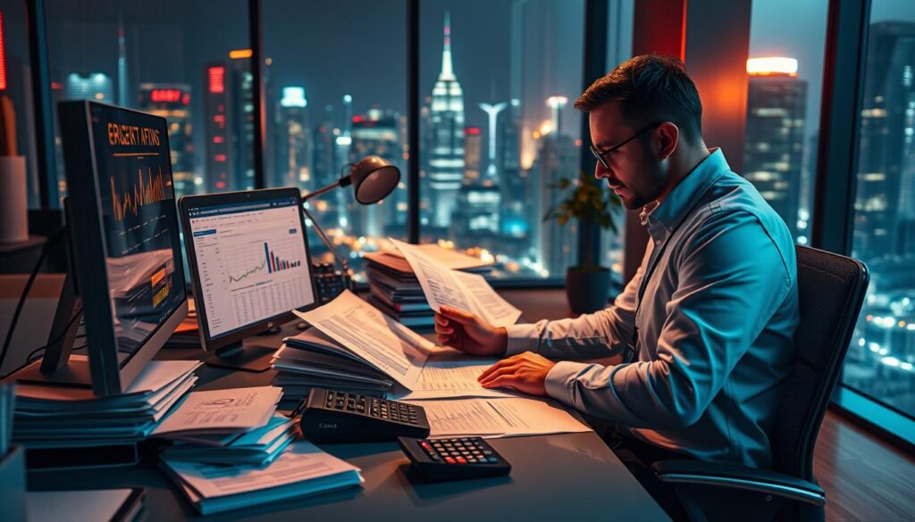 A modern office setting with a meticulous financial analyst meticulously reviewing spreadsheets and financial statements. The desk is neatly organized, with a desktop computer, stacks of documents, and a calculator. Warm, focused lighting illuminates the scene, creating a sense of concentration and diligence. In the background, a cityscape with skyscrapers is visible through large windows, suggesting the importance of effective financial management in the corporate world. The scene conveys the necessity of careful resource allocation and strategic decision-making in personal and professional financial planning.