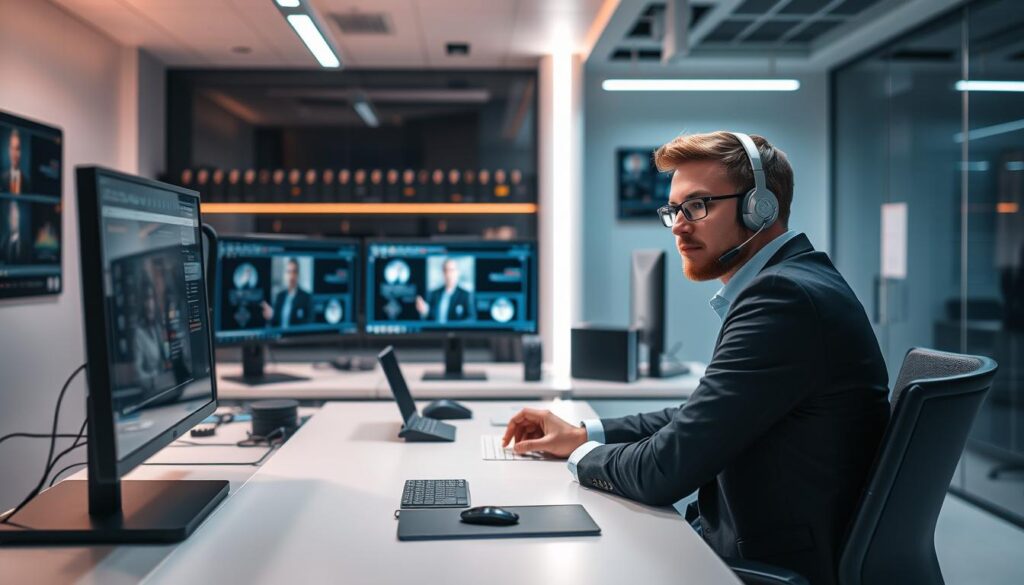 A modern office space with a sleek and professional atmosphere. In the foreground, a service representative sits at a minimalist desk, engaging with a customer through a high-quality video call. The representative's calm, attentive demeanor and crisp, business-casual attire convey a sense of competence and empathy. The middle ground features a backdrop of neatly organized, state-of-the-art computer monitors and peripherals, suggesting a well-equipped and efficient support environment. The lighting is soft and diffused, creating a warm and inviting ambiance. The overall scene projects an image of a customer-centric, high-quality service experience.