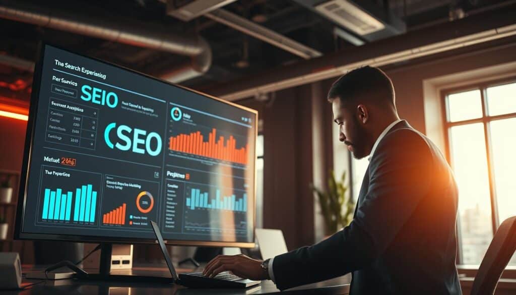 A modern office workspace with a user interface prominently displayed on a large screen, showcasing key SEO metrics and analytics. The user, dressed in business attire, is intently focused on the screen, hands poised over a keyboard, reflecting the pivotal role of user experience in optimizing search engine visibility. Warm, natural lighting filters through large windows, creating a productive and collaborative atmosphere. The scene conveys the importance of understanding user needs and behaviors to drive effective SEO strategies for the online entertainment industry.