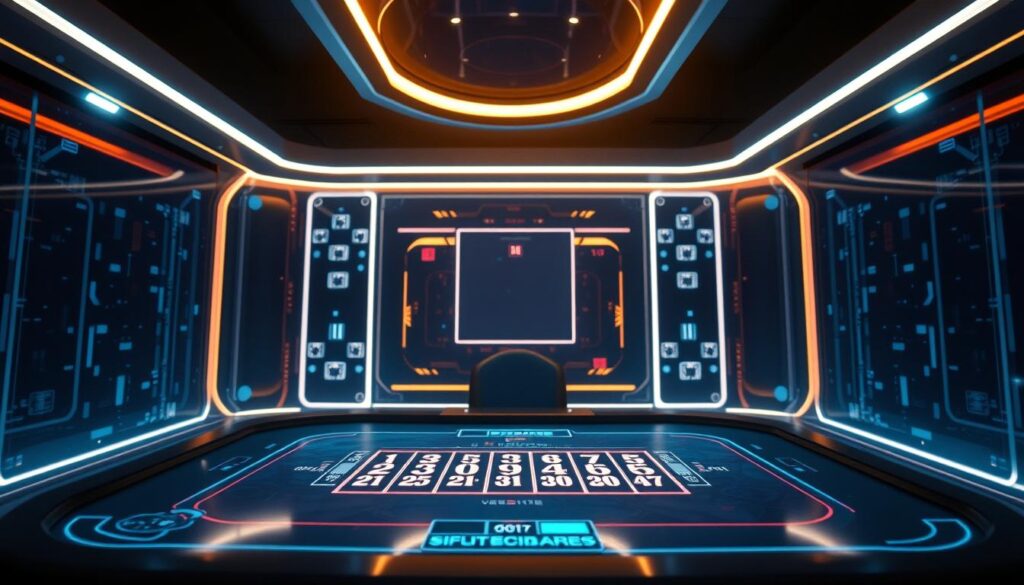A modern online baccarat platform set against a sleek, futuristic backdrop. In the foreground, a high-resolution display showcases a lively baccarat game in progress, with crisp graphics and smooth animations. The middle ground features a minimalist user interface, inviting players to seamlessly navigate the platform's features. In the background, a series of holographic panels emit a soft, ambient glow, creating a sense of technological sophistication. Subtle lighting from above casts a warm, inviting tone, while the camera angle and depth of field emphasize the platform's refined, immersive experience. An atmosphere of excitement and anticipation permeates the scene, reflecting the thrill of casino-style gaming in a cutting-edge digital setting.