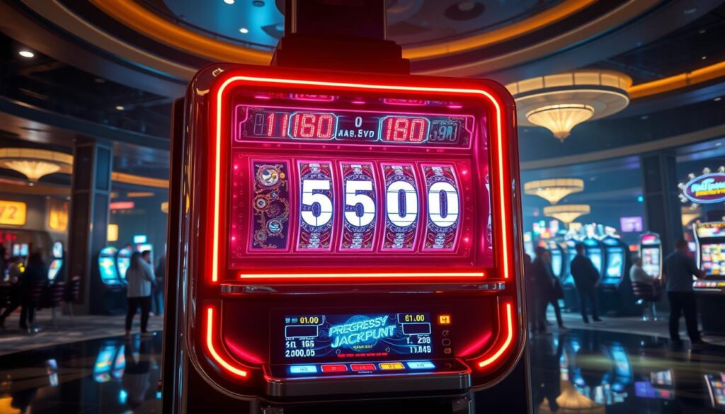 A modern online casino game machine with a captivating jackpot mechanism. Sleek metallic casing with vibrant LED displays showcasing the progressive jackpot amount. Intricate gears and mechanisms visible through a transparent panel, hinting at the complex workings behind the lucrative rewards. Dramatic lighting casts dramatic shadows, creating an atmosphere of anticipation and excitement. The machine is positioned on a glossy casino floor, surrounded by the energy and buzz of a bustling gaming environment. Patrons gather around, eagerly awaiting their chance to trigger the coveted jackpot payout.