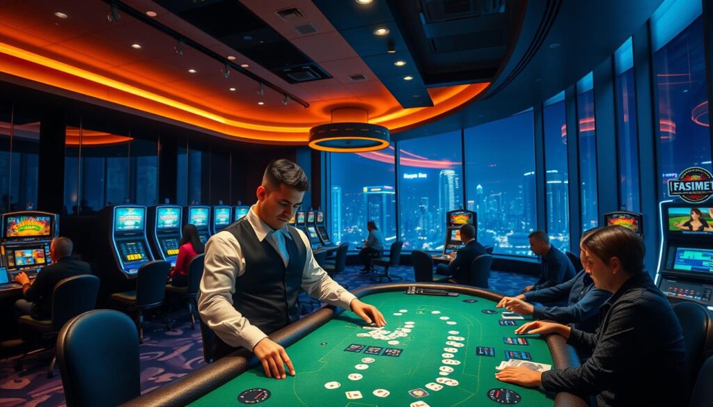 A modern online casino interior with a sleek, minimalist design. In the foreground, a dealer in a crisp white shirt and black vest deals cards on a green felt table, surrounded by players intently focused on their hands. The middle ground features rows of slot machines and digital gaming terminals, their screens casting a soft glow. In the background, a large window overlooks a bustling city skyline, hinting at the thriving nightlife and entertainment outside. The lighting is a mix of warm ambient tones and cool neon accents, creating an atmospheric, almost futuristic ambiance. The overall scene conveys a sense of security, professionalism, and responsible gaming.