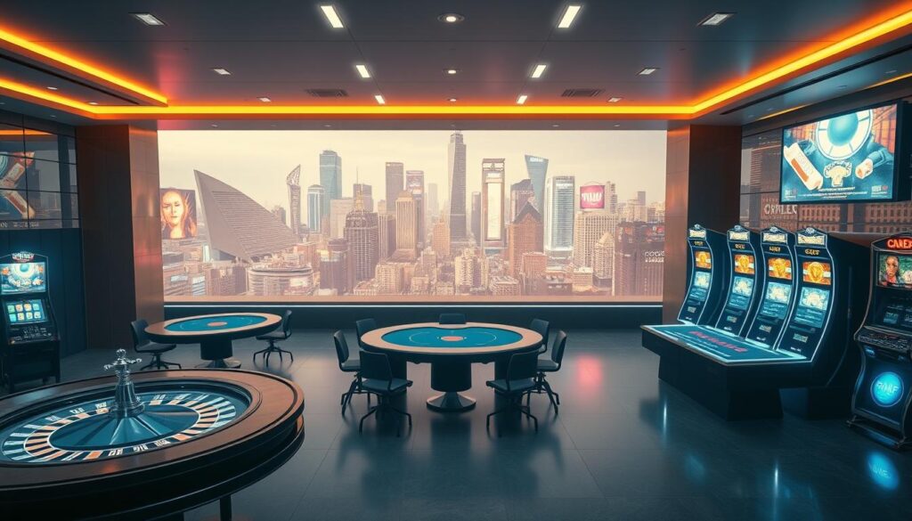 A modern online casino lobby with a clean, minimalist design. In the foreground, a group of elegant gaming tables - a roulette wheel, blackjack and poker tables, each illuminated by soft, warm lighting. The middle ground features rows of sleek slot machines, their screens displaying vibrant, animated symbols. In the background, a panoramic view of a bustling city skyline, with skyscrapers and neon-lit billboards. The overall atmosphere is one of sophistication, excitement and technological innovation, conveying the basic concept of a cutting-edge online entertainment destination.