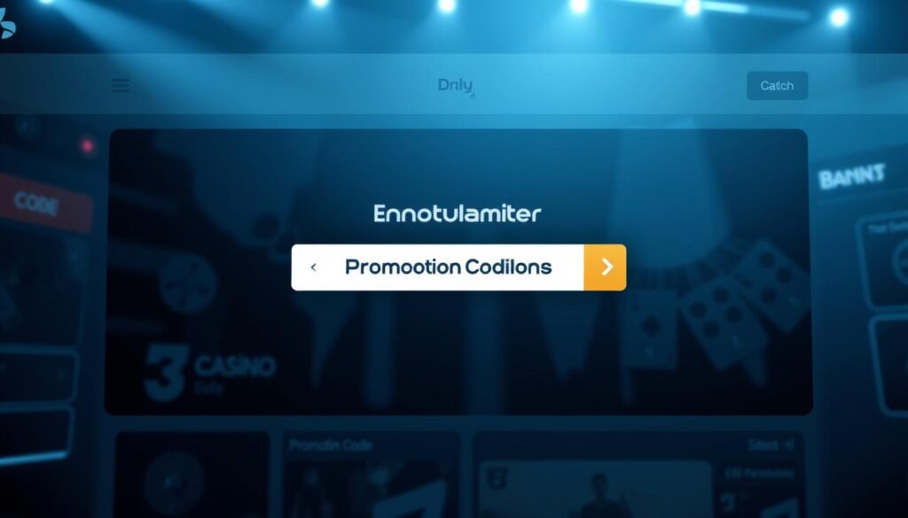 A modern online casino website interface with a prominent "Promotion Code" field prominently displayed. The user is hovering over the field, ready to enter a code. The interface has a sleek, minimalistic design with clean lines and a neutral color palette of greys, blues, and whites. Soft dramatic lighting from the top left casts subtle shadows, creating depth and dimension. The background is slightly blurred, keeping the focus on the central "Promotion Code" element. The overall atmosphere is one of excitement and anticipation, inviting the user to engage with the site's promotional offers.