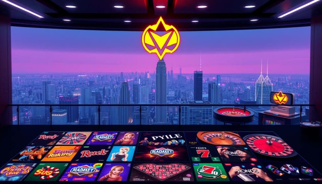 A modern online casino with a sleek, minimalist interface. In the foreground, the casino's logo hovers above a grid of vibrant game icons, each beckoning the player to explore its thrilling gameplay. The middle ground features immersive 3D renderings of popular casino games like slots, roulette, and blackjack, captured in high detail under soft, diffuse lighting. The background showcases a panoramic cityscape, hinting at the casino's urban setting and the excitement of the bustling metropolitan environment. The overall atmosphere conveys a sense of sophistication, convenience, and the allure of chance-based entertainment at one's fingertips.