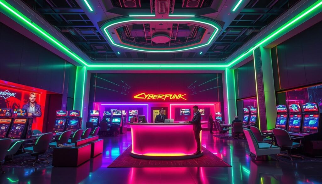 A modern online gaming lounge with sleek, futuristic interior design. A spacious lobby with comfortable seating areas and high-tech gaming stations. Vibrant LED lighting creates a dynamic, engaging atmosphere. A central customer service desk is staffed by attentive representatives in professional attire, ready to assist players with any inquiries or issues. The environment conveys a sense of excitement, accessibility, and efficient, personalized support for online gaming enthusiasts.