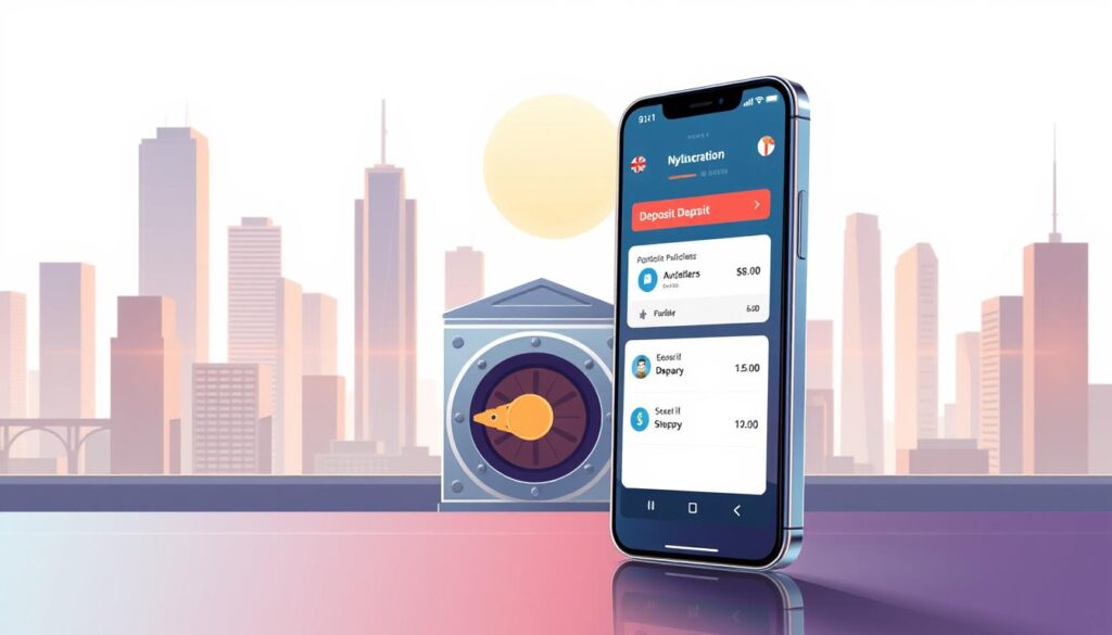 A modern, professional-looking illustration depicting the deposit and withdrawal process for an online entertainment platform. In the foreground, a smartphone display shows a sleek, intuitive user interface for managing transactions. The middle ground features a stylized bank vault, symbolizing secure storage of funds. In the background, a cityscape with skyscrapers and a sunny sky creates a sense of urban sophistication. The overall aesthetic is clean, minimalist, and technologically advanced, reflecting the digital nature of the subject matter. Warm lighting and a muted color palette lend an air of trustworthiness and reliability.
