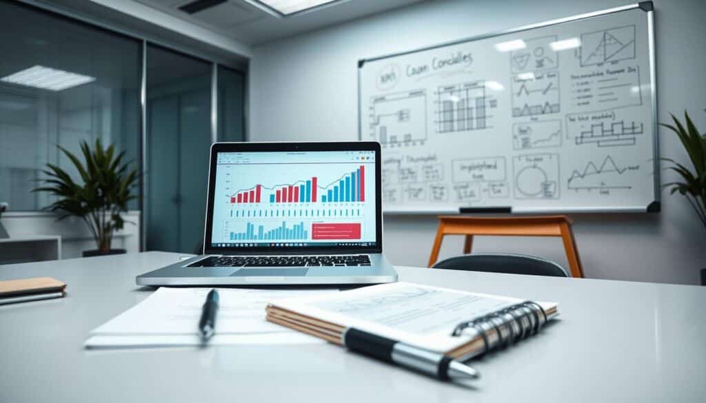 A modern, professional-looking image of a business case study analysis. Set in a well-lit office environment with clean, minimalist decor. In the foreground, a laptop displaying financial charts and graphs, along with a notepad and pen. In the background, a whiteboard with handwritten notes and diagrams, reflecting the strategic insights derived from the case study. The overall mood is one of focused, analytical problem-solving, with a sense of clarity and purpose.