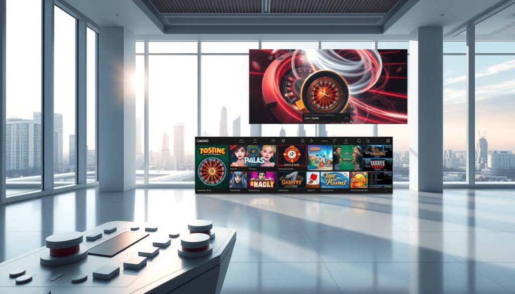 A modern, responsive online casino game interface with a clean, minimalist aesthetic. Set in a bright, airy environment with natural lighting streaming through large windows. The foreground features a sleek, intuitive game control panel with various betting options and game modes. The middle ground showcases a selection of popular casino games like slots, roulette, and blackjack, each with vibrant, high-quality graphics. The background depicts a tranquil city skyline, communicating the ease and convenience of playing anytime, anywhere on a mobile device or desktop. Overall, the image conveys a sense of accessibility, flexibility, and top-tier entertainment for Taiwanese players.