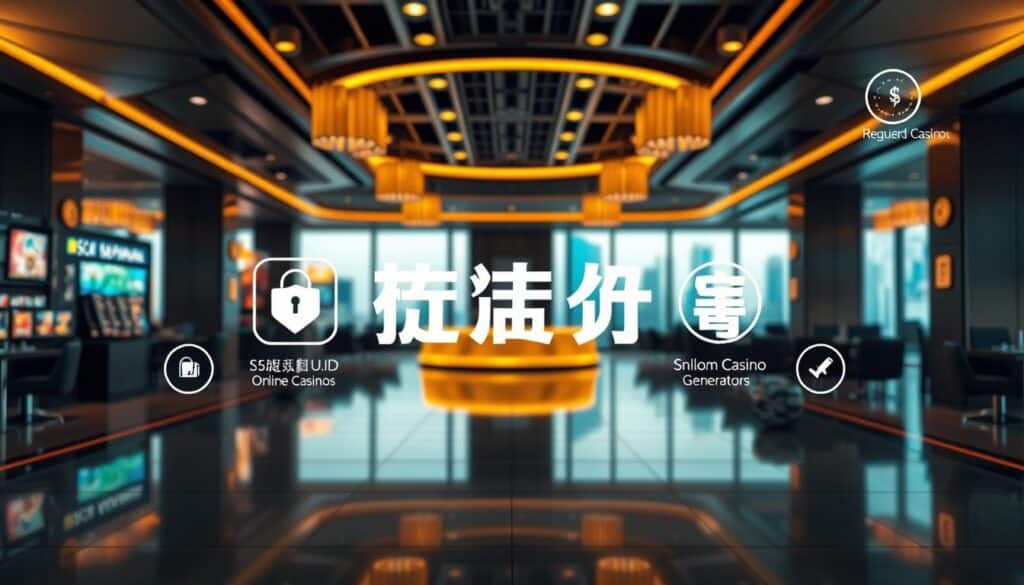 A modern, serene casino lobby with sleek interior design, warm lighting, and a calming atmosphere. In the foreground, a carefully selected group of online casino icons, representing various security features like SSL encryption, random number generators, and regulated licenses. The middle ground showcases a stylized "安全娛樂城選擇" title, rendered in elegant, minimalist typography. In the background, a subtle, blurred cityscape suggests the urban setting, hinting at the convenience and accessibility of the online gaming experience. The overall composition conveys a sense of trust, reliability, and a focus on the user's safety and enjoyment.