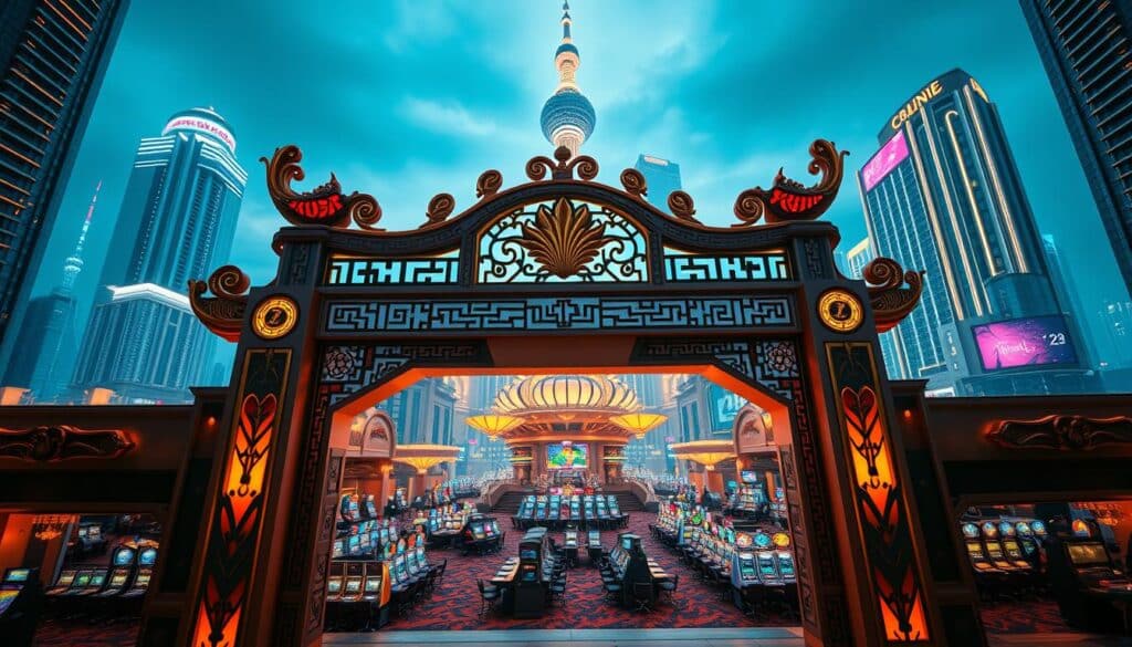 A modern, sleek, and sophisticated casino complex set against a backdrop of towering skyscrapers. In the foreground, the entrance to the casino is adorned with a grand, ornamental archway featuring intricate Chinese-inspired patterns and motifs. The middle ground showcases the casino's expansive gaming floor, filled with rows of gleaming slot machines and bustling tables where high-rollers engage in thrilling games of chance. The background is dominated by a dazzling skyline, with neon-lit towers and billboards adding to the vibrant, electric atmosphere. Warm, golden lighting bathes the entire scene, creating a sense of opulence and glamour. The angle is slightly elevated, offering a panoramic view that conveys the grandeur and scale of this premier gambling destination.