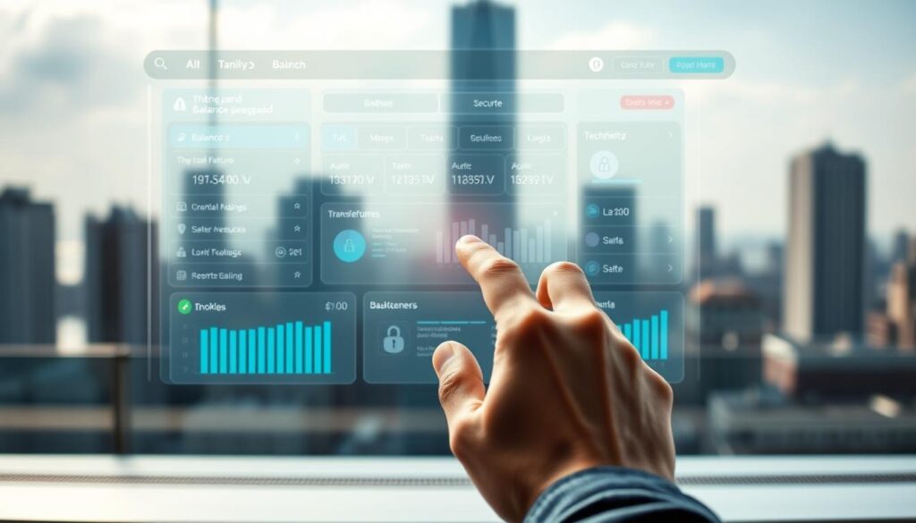 A modern, sleek banking interface with an intuitive user experience. In the foreground, a hand operating a touchscreen device, initiating a bank transfer. The middle ground showcases a clean, minimalist dashboard with balance information, transfer options, and security features. The background portrays a blurred city skyline, conveying a sense of efficiency and connectivity. The lighting is soft and natural, creating a calming, professional atmosphere. The camera angle is slightly elevated, providing an overview of the seamless digital banking process.