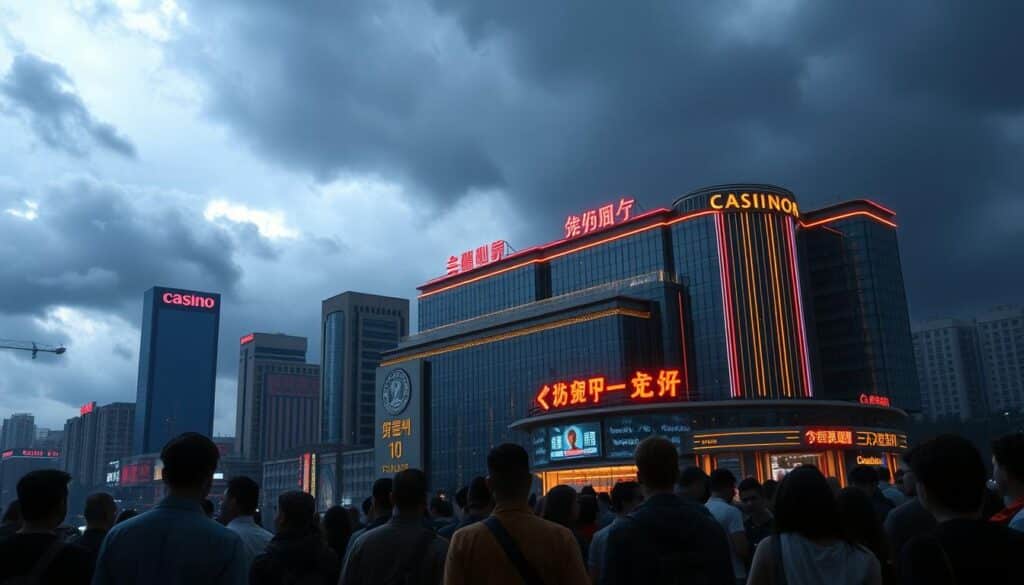 A modern, sleek casino complex with neon lights and glass facades stands prominently against a cityscape backdrop. Ominous clouds loom overhead, casting an uneasy atmosphere. In the foreground, a group of anxious patrons gather, their expressions reflecting a mixture of excitement and trepidation. A looming sense of risk and potential financial ruin permeates the scene, hinting at the cautionary tale of the "Cali Entertainment City" and the need for Taiwanese players to be wary. The lighting is dramatic, with sharp contrasts between the vibrant casino and the foreboding sky, emphasizing the inherent dangers and allure of this gambling destination.