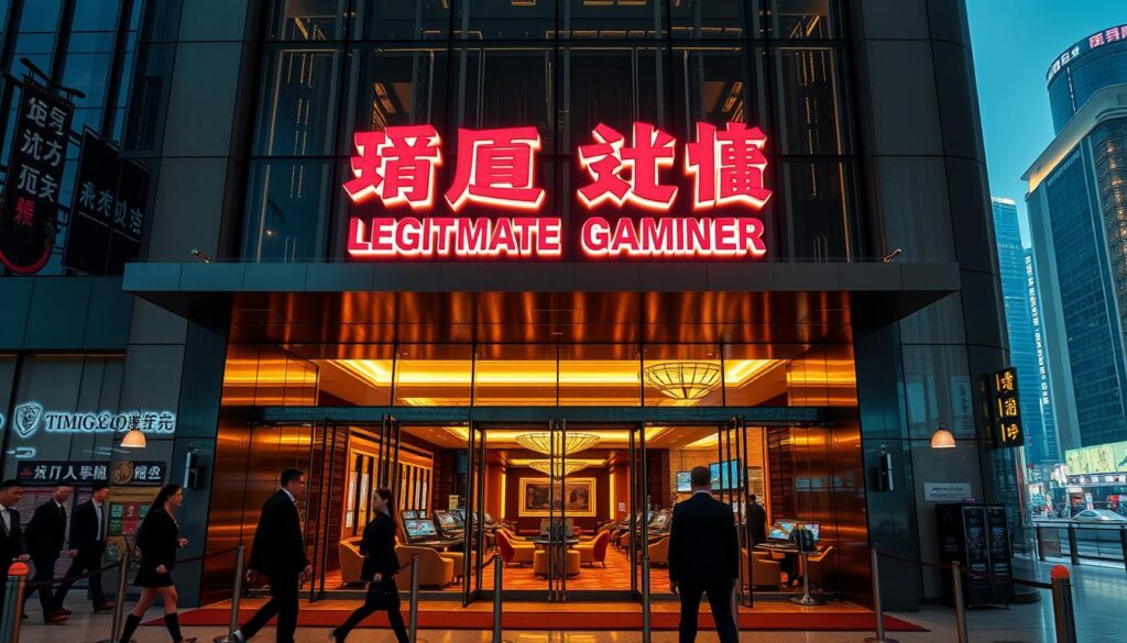 A modern, sleek casino facade with a prominent sign that reads "Legitimate Gaming Center" in traditional Chinese characters. The building is constructed with clean lines, shimmering glass panels, and a sense of sophistication. In the foreground, well-dressed patrons enter the establishment, conveying an atmosphere of elegance and security. Discreet security personnel monitor the entrance, ensuring a safe and controlled environment. The mid-ground showcases the interior lobby, with plush seating, decorative lighting, and a sense of openness and transparency. The background features a bustling city skyline, hinting at the casino's integration within the urban landscape. The overall scene exudes an air of legitimacy, professionalism, and adherence to regulatory standards, inviting the viewer to feel confident in the venue's credibility.