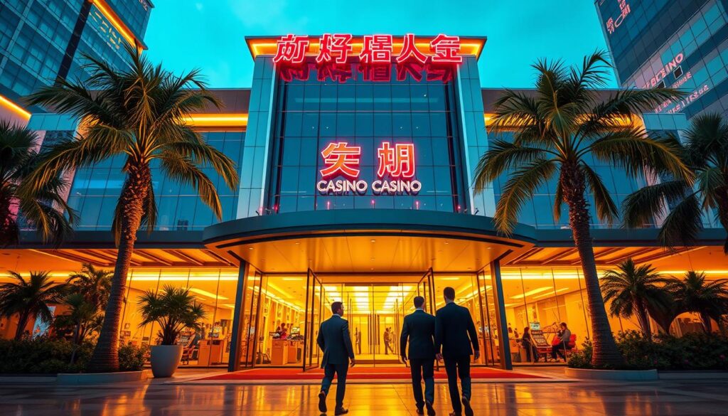 A modern, sleek casino facade with neon-lit signage and glass entryways, set against a vibrant urban backdrop. The main building features an elegant, contemporary architectural design with clean lines and a mix of steel, glass, and stone materials. The entrance is flanked by palm trees and lush greenery, creating a welcoming atmosphere. In the foreground, a group of well-dressed patrons are entering the casino, their faces partially obscured by the bright lighting. The scene is illuminated by a warm, golden glow, evoking a sense of excitement and luxury. The overall composition conveys the grandeur and allure of the "卡利娛樂城" casino experience.