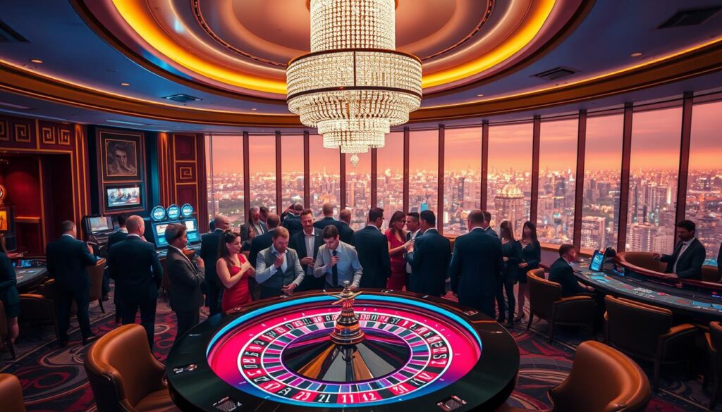 A modern, sleek casino lobby with a panoramic view of a bustling city skyline. In the foreground, a group of well-dressed gamblers crowd around a vibrant roulette table, their faces alight with excitement. Overhead, a massive, glittering chandelier casts a warm glow across the room. The walls are adorned with elegant, gilded details, while plush, leather seating lines the periphery. In the distance, floor-to-ceiling windows reveal the twinkling lights of the city beyond, creating a sense of glamour and sophistication. The overall mood is one of energy, opulence, and the thrill of the gaming experience.