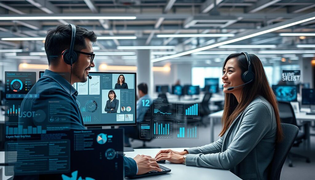 A modern, sleek customer service operation showcasing efficient workflow and satisfied clients. In the foreground, a customer service agent assists a client via a high-resolution video call, their expressions conveying a sense of productive collaboration. The middle ground features an array of integrated digital tools and dashboards, displaying relevant customer data and real-time performance metrics. In the background, a bustling open-plan office environment with ergonomic workstations, subtle ambient lighting, and a calming color palette. The overall scene projects a sense of technological sophistication, operational excellence, and a customer-centric ethos.