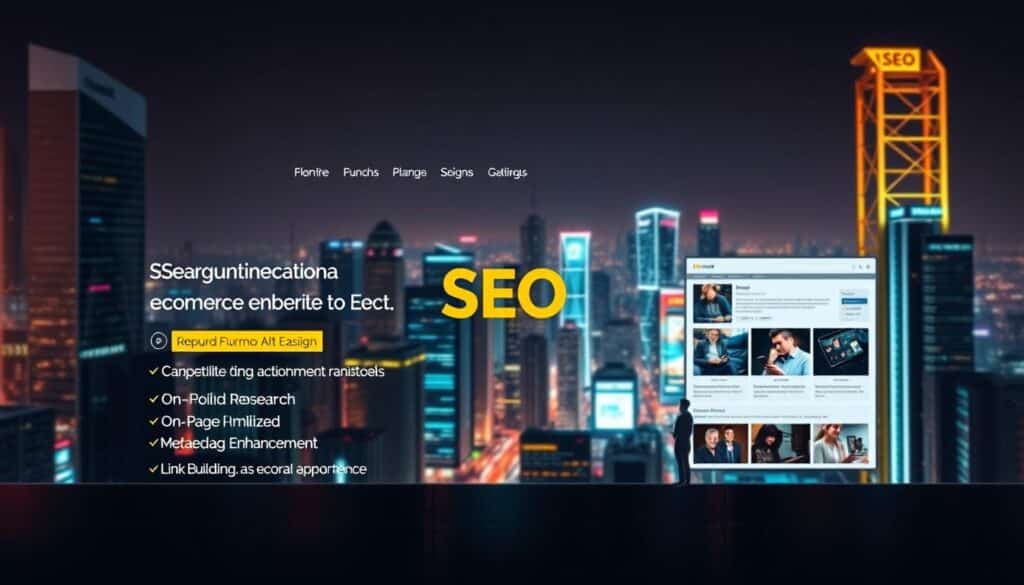 A modern, sleek e-commerce website, its responsive design optimized for mobile viewing. In the foreground, an array of search engine optimization (SEO) techniques are visualized: keyword research, on-page optimization, metadata enhancement, and link building. The middle ground showcases a carefully structured information architecture, with intuitive navigation and strategically placed calls-to-action. In the background, a vibrant cityscape represents the competitive digital landscape, highlighting the importance of effective SEO for standing out. The scene is illuminated by a warm, natural lighting, conveying a sense of professionalism and authority in the field of e-commerce SEO.