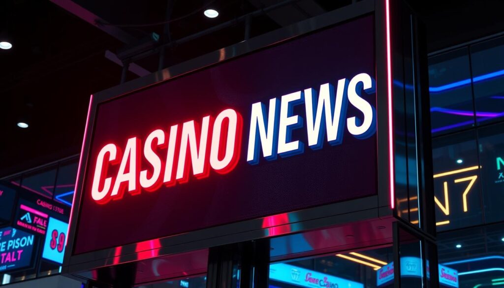 A modern, sleek electronic casino news headline displayed on a large, high-resolution digital screen. The text is bold, neon-lit, and eye-catching, with a futuristic, casino-inspired aesthetic. The screen is framed by a sophisticated, minimalist design, with clean lines and a dark, metallic finish. The lighting is dramatic, with a mix of bright, colorful accents and deep shadows, creating a sense of energy and excitement. The overall composition conveys a sense of the latest, cutting-edge casino news and developments, targeted towards a tech-savvy, urban audience.