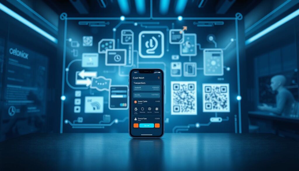 A modern, sleek electronic payment system interface, with a clean, minimalist design. The foreground features a digital wallet app on a mobile device, displaying transaction details and payment options. The middle ground showcases various payment methods, including digital cards, mobile wallets, and QR codes. The background evokes a sense of technology and connectivity, with subtle digital patterns and a color palette of blues and grays. Lighting is soft and diffused, creating a professional, trustworthy atmosphere. The overall composition emphasizes the seamless integration of electronic payments into everyday life.