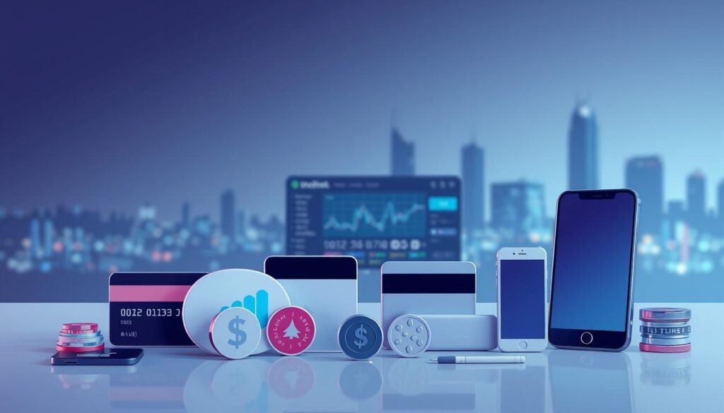 A modern, sleek illustration of various online payment methods commonly used for casino deposits. In the foreground, an array of payment icons including credit cards, e-wallets, digital wallets, and mobile payment apps are prominently displayed against a clean, minimalist background. The midground features a stylized financial chart or dashboard, conveying the ease and flexibility of the featured payment options. The background has a slightly blurred cityscape, suggesting the seamless integration of online gambling and finance in the digital age. The overall aesthetic is sophisticated, high-tech, and visually appealing, capturing the essence of "常見充值方式" for the article's audience.