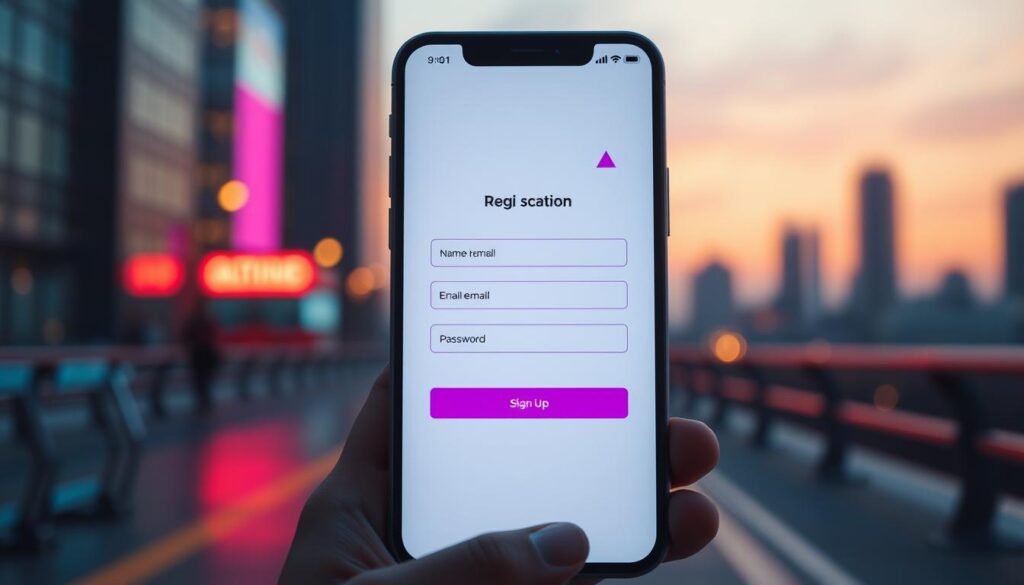 A modern, sleek mobile app user registration flow featuring a clean, minimalist interface. The foreground shows a smartphone display with a registration form - name, email, password fields, and a prominent "Sign Up" button. The middle ground has vibrant motion graphics, colorful geometric shapes, and subtle icon elements that guide the user through the process. The background incorporates a soft, blurred city skyline with a warm, golden-hour lighting atmosphere, evoking a sense of progress and connectivity. The overall composition conveys a streamlined, user-friendly experience for easily setting up a new account on a mobile entertainment platform.