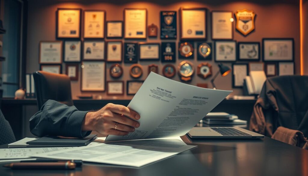 A modern, sleek office setting with a large desk, a laptop, and various documents and files. In the foreground, a person's hands are carefully examining a contract or document, scrutinizing it for any signs of potential fraud. The background features a wall of certificates, diplomas, and security awards, conveying a sense of expertise and authority. Warm, directional lighting illuminates the scene, creating a sense of professionalism and diligence. The overall mood is one of vigilance, attention to detail, and a determination to avoid the pitfalls of online fraud.