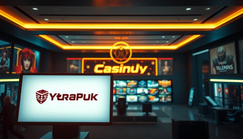 A modern, sleek online casino lobby with a focus on safety and security. In the foreground, a high-resolution display showcases the casino's logo and branding, illuminated by warm, inviting lighting. The middle ground features various game icons and thumbnails, hinting at the diverse selection of online entertainment available. In the background, a minimalist yet elegant layout with clean lines and a muted color palette, conveying a sense of professionalism and trustworthiness. The overall atmosphere is one of sophistication and attention to detail, ensuring a secure and enjoyable online gaming experience for the discerning player.