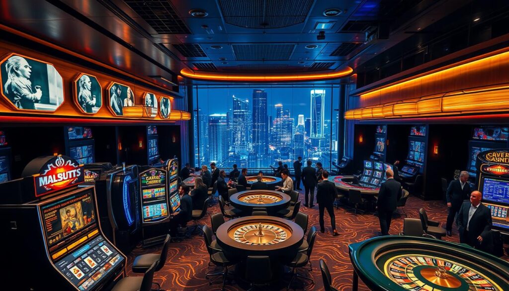 A modern, sleek online casino lobby with a warm, inviting atmosphere. In the foreground, various casino games are prominently displayed, including slot machines, roulette tables, and card tables. The middle ground features well-dressed patrons enjoying the games, creating a lively, social ambiance. The background showcases the cityscape beyond, with skyscrapers and neon lights, adding to the sense of an urban, high-energy setting. The lighting is soft and atmospheric, creating a sense of sophistication and excitement. The camera angle is slightly elevated, providing an overview of the dynamic scene. The overall composition and color palette convey the premium, reputable nature of the online casino platform.