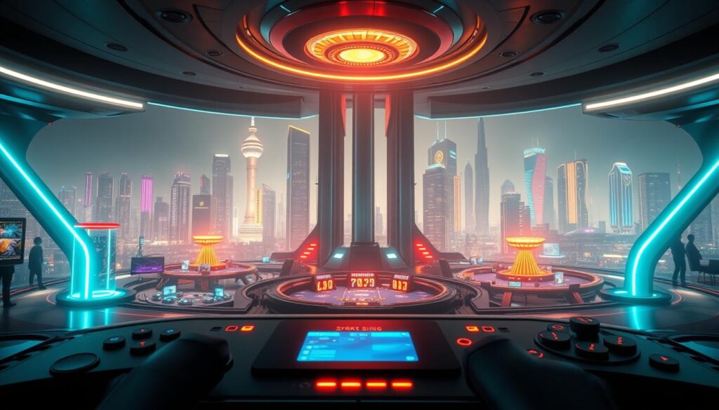 A modern, sleek online casino of the future in 2025, with a minimalist and elegant design. In the foreground, a high-tech gaming interface with seamless controls and stunning 3D graphics. In the middle ground, a panoramic view of the casino's virtual environment, featuring state-of-the-art animation and cinematic lighting. In the background, a futuristic cityscape with towering skyscrapers and glowing holograms, conveying a sense of technological advancement and urban sophistication. The overall atmosphere is one of immersion, innovation, and a premium online gaming experience.