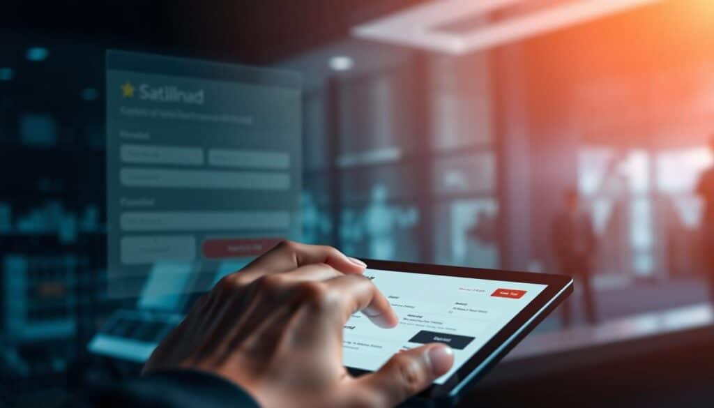 A modern, sleek online casino registration flow. In the foreground, a person's hands interacting with a tablet or smartphone, navigating through digital forms and menus. The middle ground depicts a clean, minimalist interface with clear instructions and secure payment options. In the background, a blurred cityscape or abstract geometric shapes convey a sense of technology, finance, and global connectivity. Soft, directional lighting illuminates the scene, creating depth and emphasizing the user experience. The overall mood is professional, trustworthy, and streamlined, reflecting the efficient process of opening an online casino account.