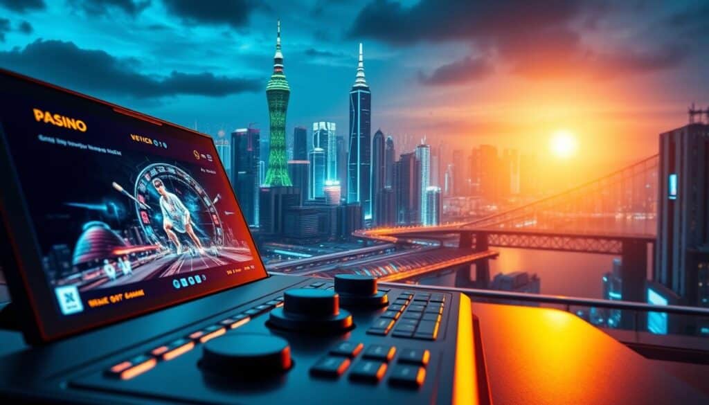 A modern, sleek online casino set against a vibrant cityscape. In the foreground, an immersive gaming interface with smooth, responsive controls, capturing the excitement of digital entertainment. The middle ground features a bustling city skyline, neon-lit towers and bridges, reflecting the vibrant energy of Taiwan's thriving digital landscape. The background is bathed in a warm, golden glow, creating a sense of sophistication and luxury. Subtle textures and photorealistic details bring the scene to life, inviting the viewer to step into the captivating world of Taiwan's innovative online entertainment.