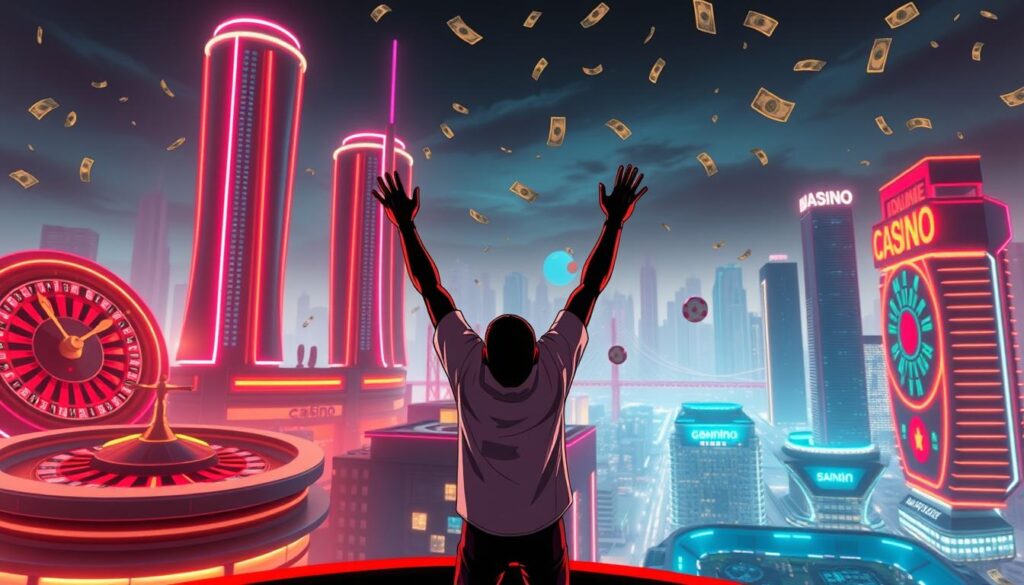 A modern, sleek online casino skyline with towering neon-lit buildings, spinning roulette wheels, and cascades of digital currency. The scene is bathed in a warm, inviting glow, creating a sense of excitement and potential for big wins. In the foreground, a stylized character stands triumphantly, arms raised, symbolizing the thrills and advantages of online gambling. The background features a bustling city landscape with skyscrapers, bridges, and a vibrant nightlife. The image conveys the excitement, convenience, and allure of the online casino experience.