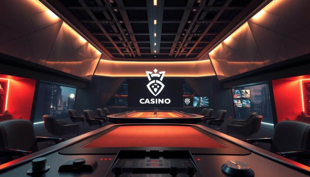 A modern, sleek online casino with a strong focus on security and trustworthiness. Set against a backdrop of geometric architectural elements, the scene features a central gaming table with elegant, minimalist design. Soft, diffused lighting creates a warm, inviting atmosphere. The foreground showcases high-end gaming equipment and controls, hinting at the casino's advanced technology and commitment to player safety. The middle ground highlights the casino's branding and visual identity, conveying a sense of professionalism and reliability. The background blends seamless 3D-rendered environments, suggesting a secure, well-regulated online space. An overall sense of sophistication, modernity and trustworthiness permeates the image.