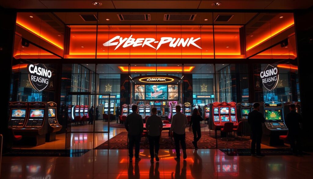 A modern, sleek online casino with a warm, inviting atmosphere. The exterior features a grand, glass-fronted facade with neon-lit signage and discreet security measures. The interior is elegantly decorated with luxurious materials, low lighting, and strategic camera angles to create a sense of privacy and exclusivity. Patrons navigate a spacious, well-organized lobby leading to a variety of gaming tables and slots, all with intuitive digital interfaces. The overall impression is one of a high-end, reputable establishment that prioritizes responsible gaming and customer satisfaction within a strictly legal framework.