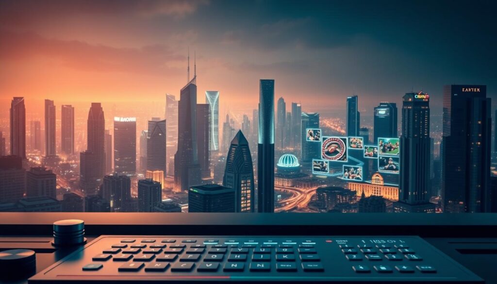A modern, sleek online gambling platform with a focus on security and regulation. The foreground features a clean, minimalist user interface with intuitive controls and a sense of digital sophistication. The middle ground showcases various casino games and sports betting options, with a subtle emphasis on the platform's commitment to fair play and responsible gambling. The background depicts a cityscape at night, with towering skyscrapers and a sense of urban connectivity, representing the platform's global reach and technological prowess. Soft, warm lighting illuminates the scene, creating an inviting and trustworthy atmosphere. Overall, the image conveys a vision of a 2025 online gambling platform that prioritizes legality, safety, and a premium user experience.