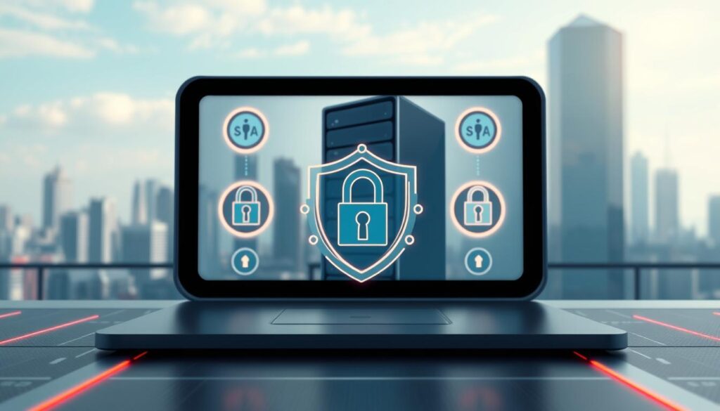 A modern, sleek platform with a clean, minimalist design. The foreground features a secure, encrypted interface with padlock icons and security badges, conveying a sense of reliability and trust. The middle ground showcases a 3D model of a data server tower, symbolizing the robust infrastructure that powers the platform. In the background, a soft, blurred cityscape with skyscrapers and a clear, blue sky creates a sense of urban sophistication. The overall mood is one of professionalism, security, and technological advancement, reflecting the high standards of safety and reputation expected in the online gaming industry.
