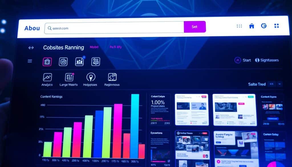 A modern, sleek website interface with a prominent search bar and icons representing different content types arranged in a grid layout. The foreground features a stylized bar chart visualizing website content rankings, with vibrant colors and smooth transitions between data points. The middle ground showcases various webpage thumbnails, each displaying a unique set of content metrics and performance indicators. In the background, a subtle geometric pattern or abstract texture adds depth and visual interest, complementing the overall digital aesthetic. The lighting is soft and diffused, creating a sense of depth and highlighting the key elements. The camera angle is slightly elevated, providing an overview of the comprehensive website analytics dashboard.