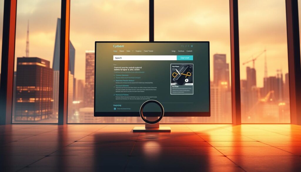 A modern, sleek website with clean, minimalist design stands prominently in the center, lit by warm, diffused lighting from a large window. In the foreground, a small magnifying glass icon hovers, symbolizing search engine optimization and improved website visibility. The background features a cityscape, representing the digital landscape in which the website operates, with skyscrapers and towers in the distance. The overall atmosphere conveys a sense of professionalism, technological advancement, and the importance of a strong online presence for businesses.