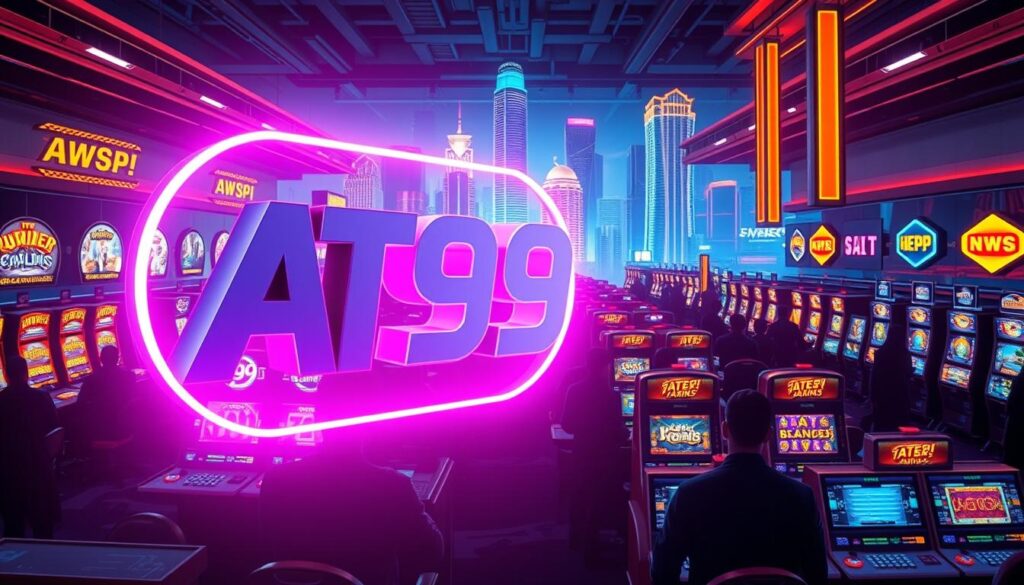 A modern, sleekly designed online casino with a vibrant, neon-infused aesthetic. In the foreground, a large, three-dimensional "AT99" logo floats, emitting a mesmerizing glow. Behind it, a panoramic view of the casino's game lobby, showcasing a diverse array of popular slot machines and table games. The middle ground features silhouettes of players engrossed in their gameplay, their faces illuminated by the screens. In the background, a cityscape of towering skyscrapers and neon signs creates a futuristic, metropolitan atmosphere. The lighting is a balanced combination of cool blues and warm oranges, evoking a sense of energy and excitement. The entire scene is captured with a wide-angle lens, emphasizing the grandeur and scale of the online casino's offerings.