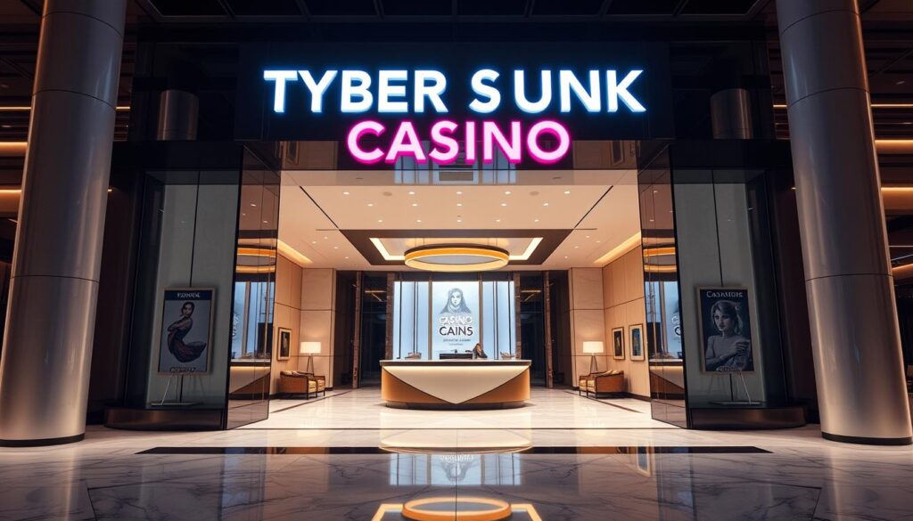 A modern, stylish online casino entrance with a sleek, minimalist design. The facade features clean lines, glass panels, and a prominent illuminated sign displaying the casino's name. The entrance is flanked by two tall pillars or columns, creating a sense of grandeur and sophistication. The lobby is bright and airy, with a marble floor and elegant furnishings. Soft, warm lighting casts a welcoming glow, and a large, curved reception desk dominates the center of the space. The overall atmosphere conveys a sense of luxury, trust, and security, inviting visitors to step inside and begin their casino experience.