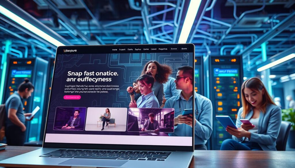 A modern, stylish website with a vibrant and intuitive user interface. The foreground showcases a fast-loading webpage, with content and images that snap into place effortlessly. The middle ground depicts several users interacting with the site on various devices, their expressions conveying satisfaction and ease of use. In the background, a network of interconnected servers and digital infrastructure suggests the underlying technological prowess that enables the website's seamless performance. The lighting is clean and crisp, highlighting the sleek, responsive design. The overall atmosphere is one of efficiency, reliability, and a delightful user experience.