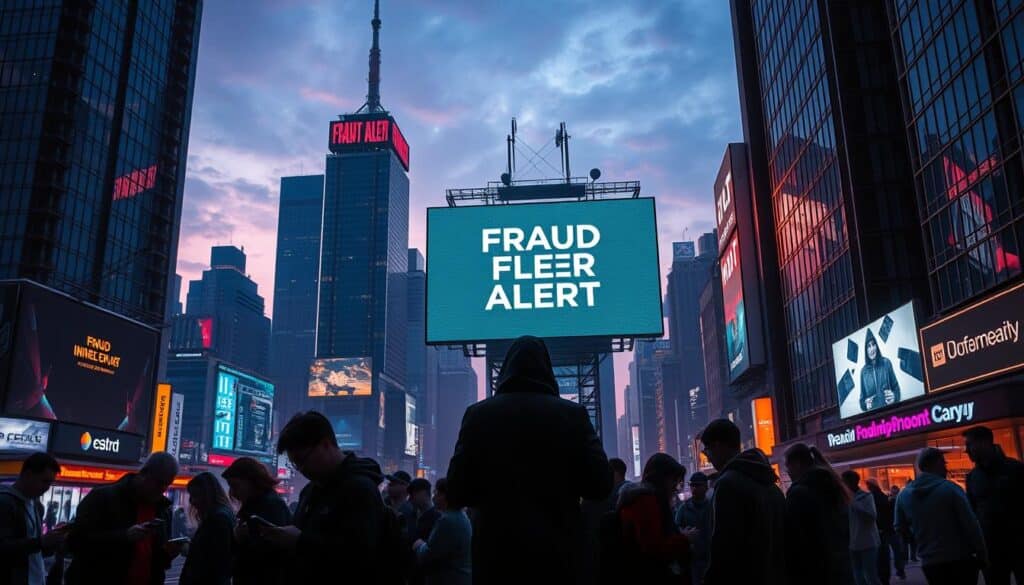 A modern, technologically-advanced cityscape at dusk, with towering skyscrapers and neon-lit billboards. In the foreground, a group of people are gathered, scrutinizing their phones and digital devices, highlighting the cautionary tale of online fraud. The middle ground features a large screen displaying a "Fraud Alert" message, casting an ominous glow over the scene. In the background, a dim, shadowy figure lurks, symbolizing the ever-present threat of scams and deception. The lighting is dramatic, with warm hues of orange and purple, creating a sense of unease and the need for vigilance. The composition emphasizes the contrast between the vibrant, technology-driven city and the underlying dangers that lurk within it.