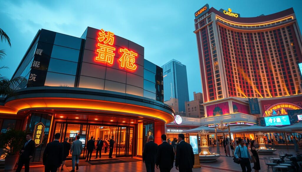 A modern, upscale casino facade with a prominent neon sign displaying "卡利娛樂城" in traditional Chinese characters. The building is illuminated by warm, inviting lighting, casting a glow on the surrounding area. In the foreground, well-dressed patrons can be seen entering the casino, conveying a sense of luxury and excitement. The middle ground features a bustling outdoor plaza with various entertainment options, while the background showcases a vibrant, cosmopolitan cityscape. The overall atmosphere exudes a sophisticated, yet lively ambiance, hinting at the high-quality experience promised by "卡利娛樂城".